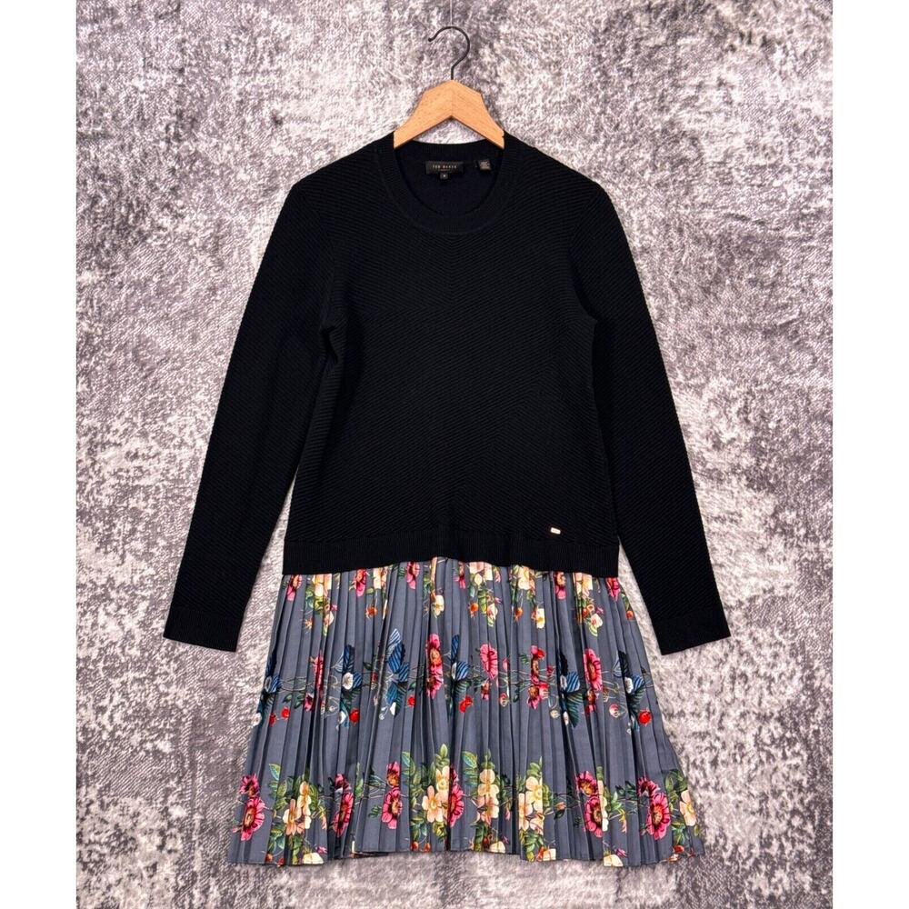 Ted Baker Dress 3 / US 8 Womens Black Wool Knit Sweater Pleated Floral Layered